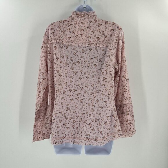 Cino XL Pink Floral Ruffle Blouse Button Down Tie Neck Smocked Peasant - Picture 6 of 8